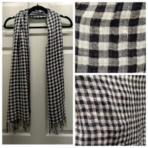 L.L. Bean Black White Gray Plaid Check Fringe Reversible Wrap Scarf